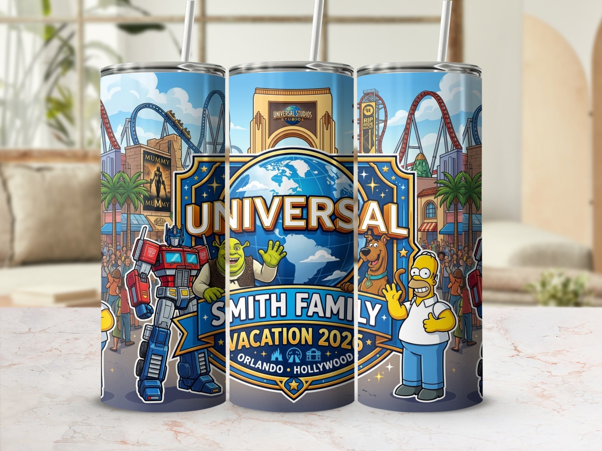 Universal Studios Orlando Hollywood 2025 Smith Family Vacation tumbler with characters.