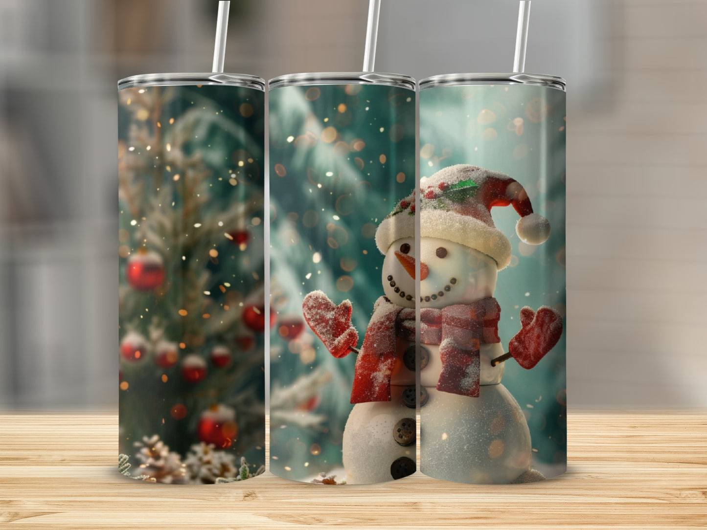 Three tumblers featuring a smiling snowman with a Santa hat and red scarf.