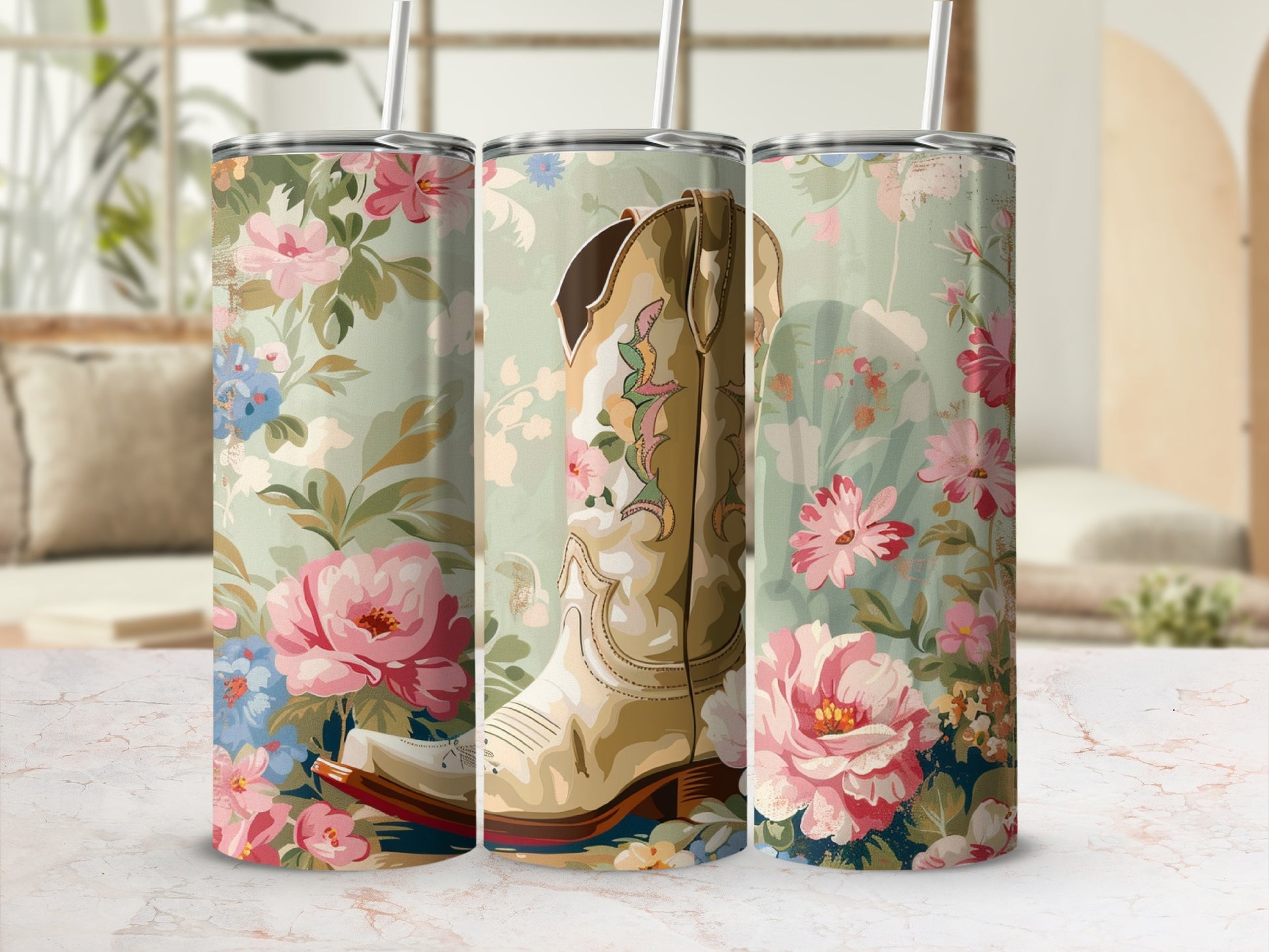 Cowboy boot and floral pattern on three tumblers.