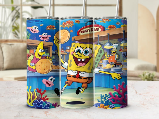 SpongeBob SquarePants holding Krabby Patty at the Krusty Krab restaurant.