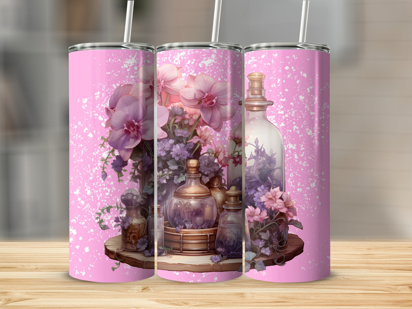 Pink Floral and Perfume Bottles Tumbler Cup Design
