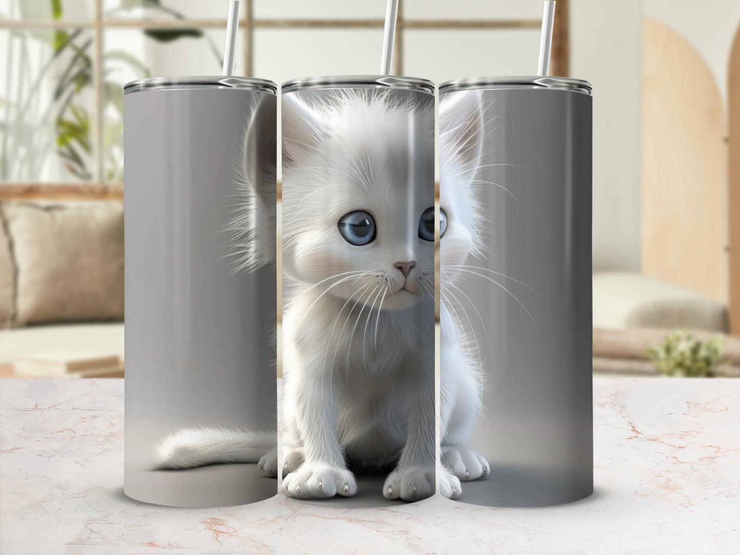White kitten with blue eyes on a gray background tumbler.