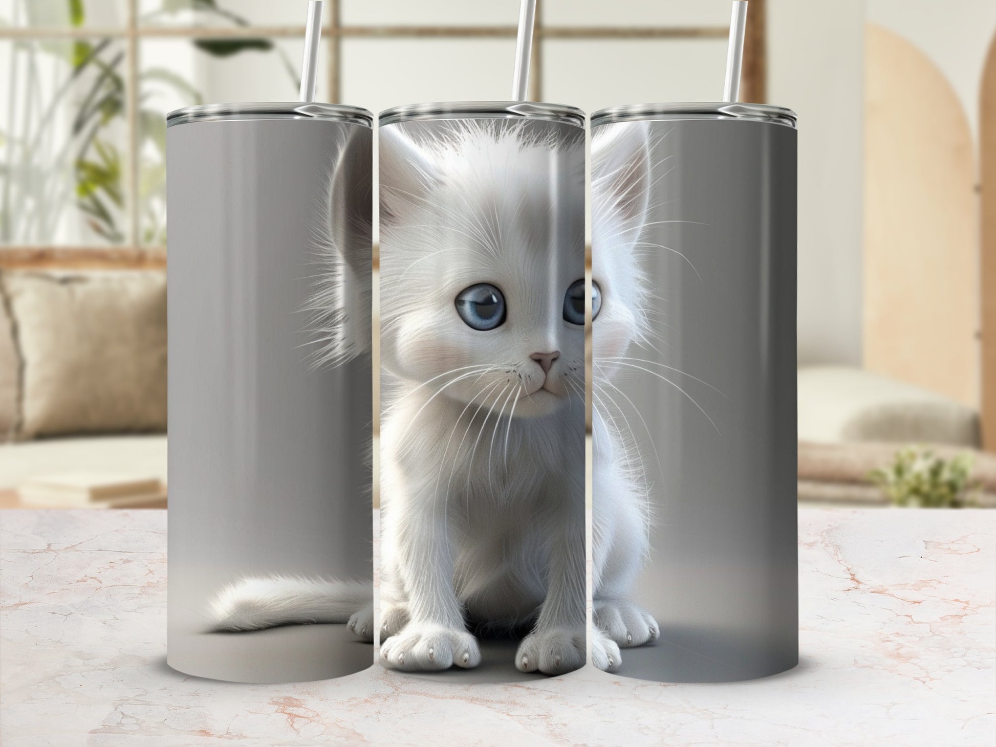 White kitten with blue eyes on a gray background tumbler.