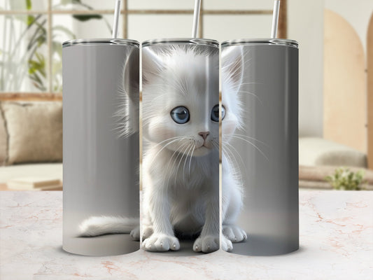 White kitten with blue eyes on a gray background tumbler.