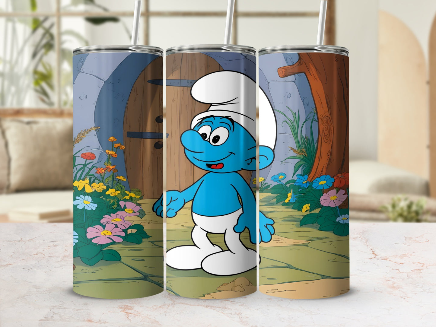 Smurf character in a forest setting with mushrooms and flowers on a tumbler.