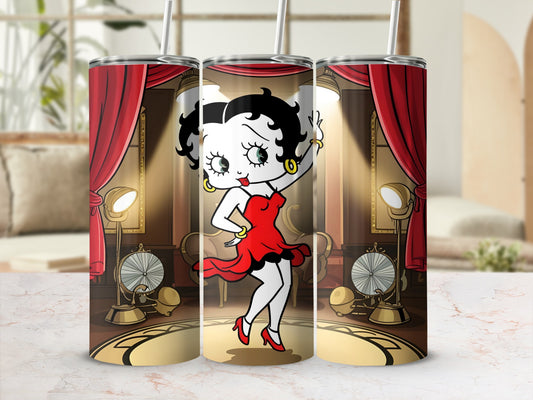 Betty Boop in a red dress dancing on a stage with spotlights and curtains.