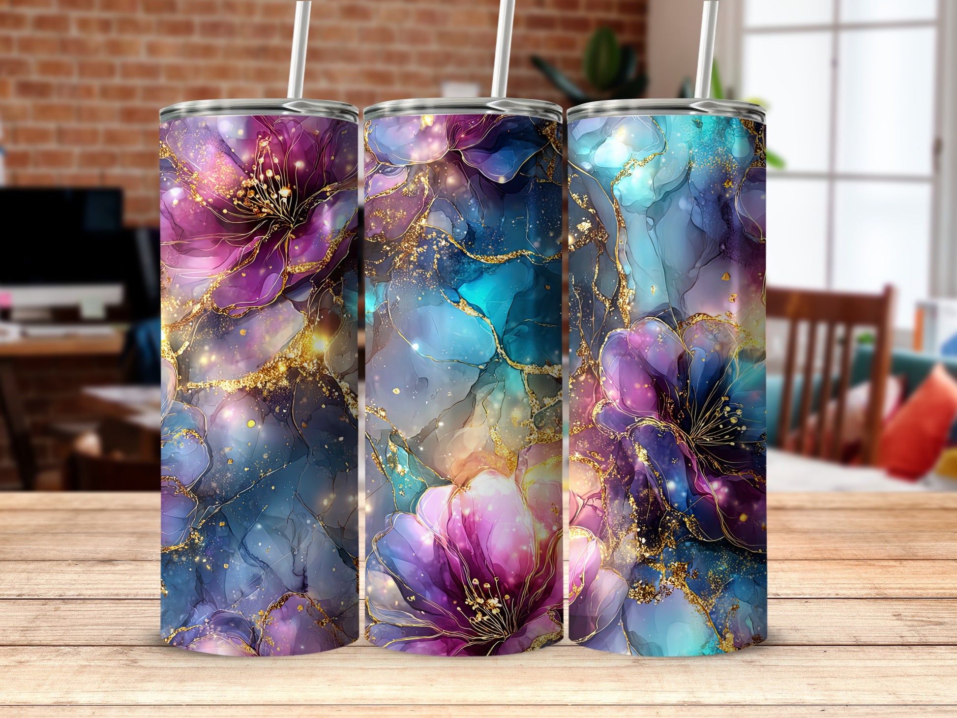 Artistic Floral Patterned Drinkware Tumblers Set