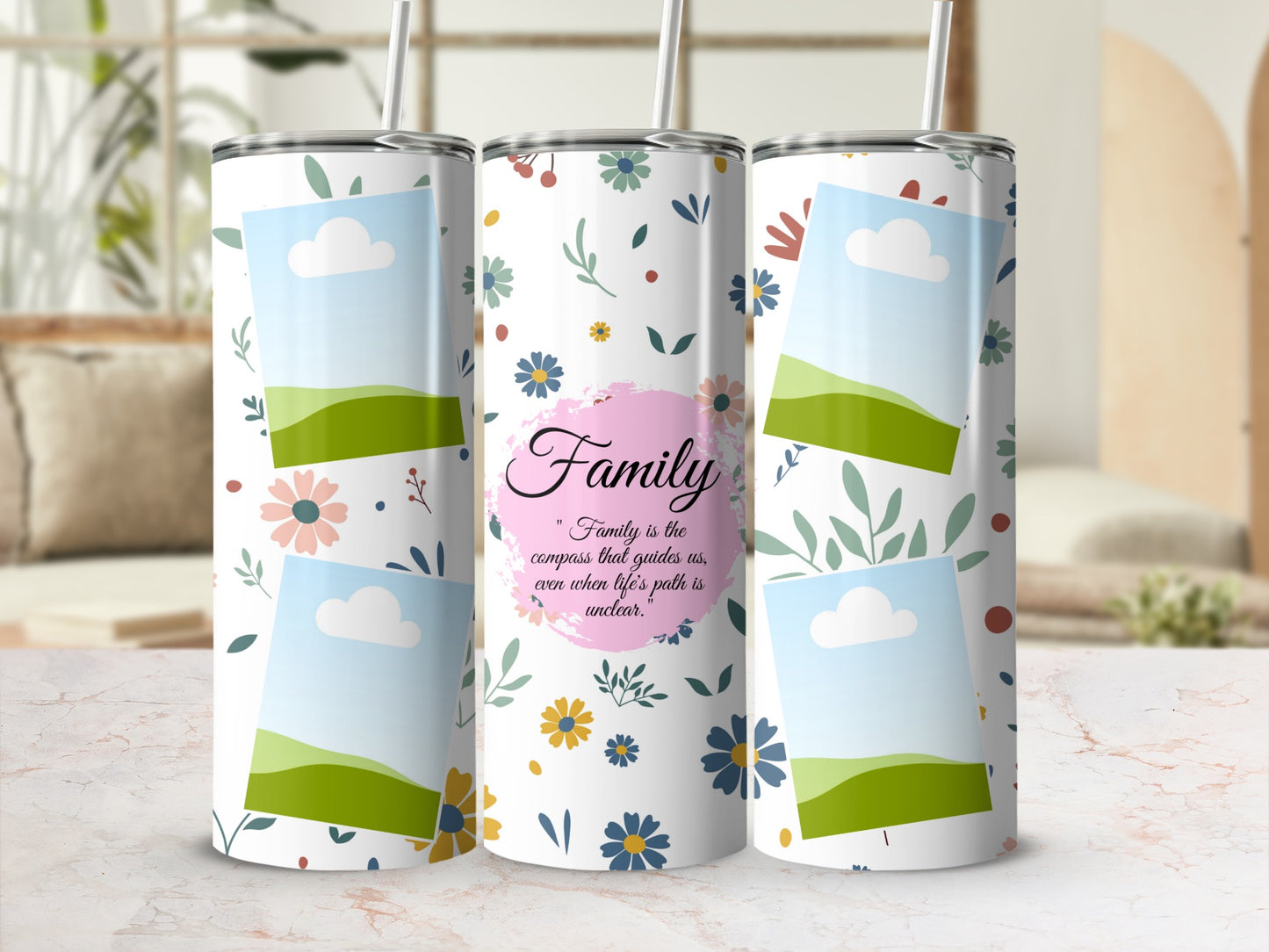 Floral pattern tumblers with picture frames and "Family" quote.