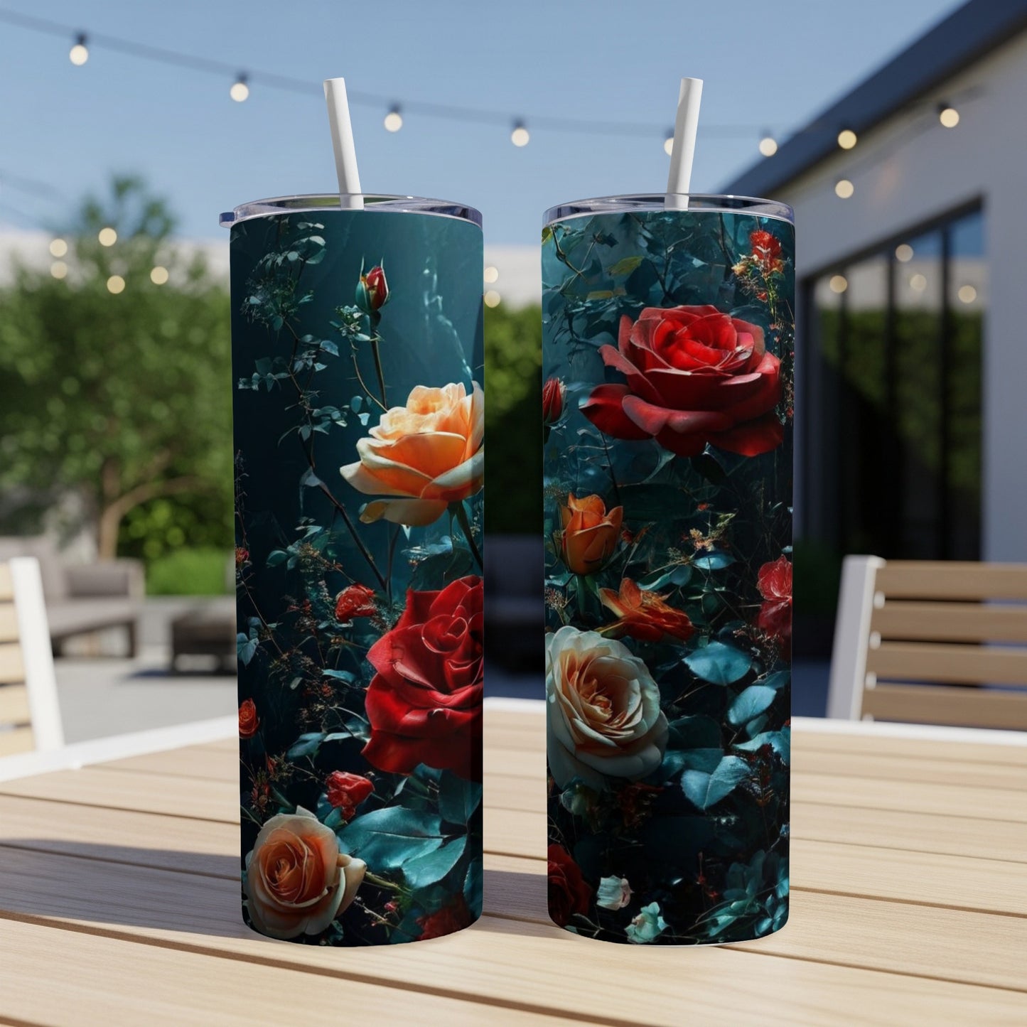Two tall tumblers featuring a dark floral design with red and cream roses.