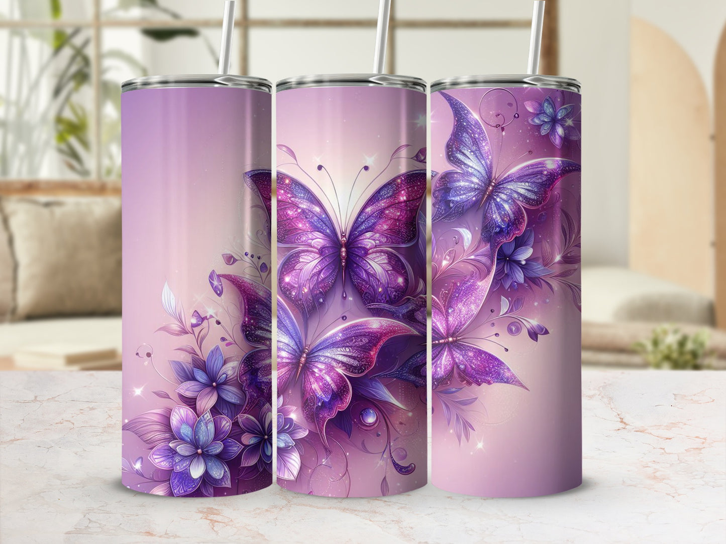 Purple Butterfly and Flowers Design Insulated Tumbler