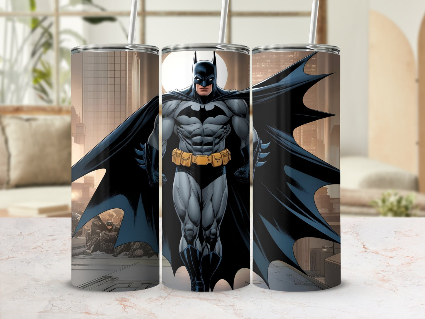 Batman standing heroically against a city backdrop on a tumbler.
