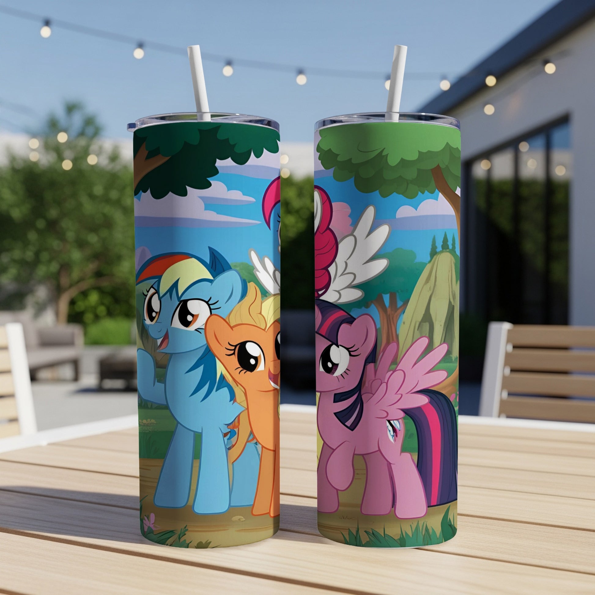 Two My Little Pony tumblers with Rainbow Dash, Applejack, and Twilight Sparkle.