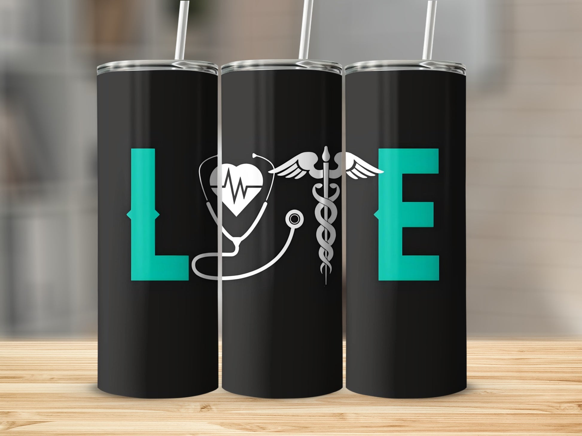 Love Medical Symbols Black Tumbler for Healthcare Workers