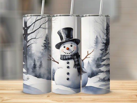 Three tumblers with a watercolor snowman illustration in a snowy forest.