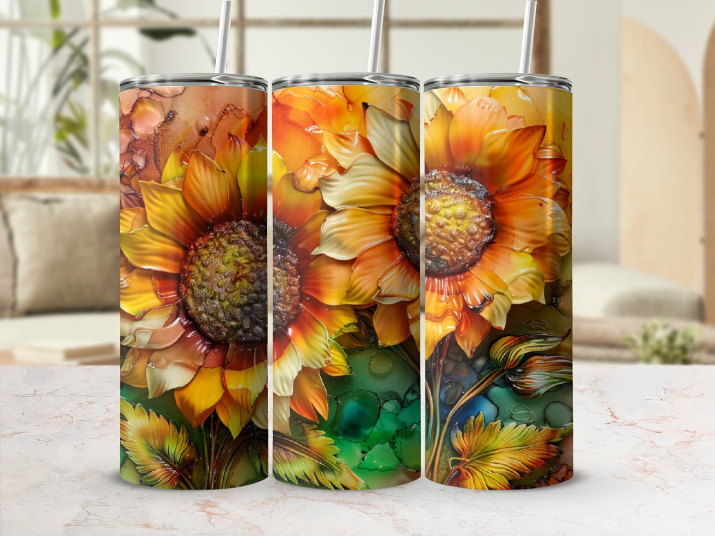 Three tumblers featuring a close-up watercolor sunflower design with green leaves.