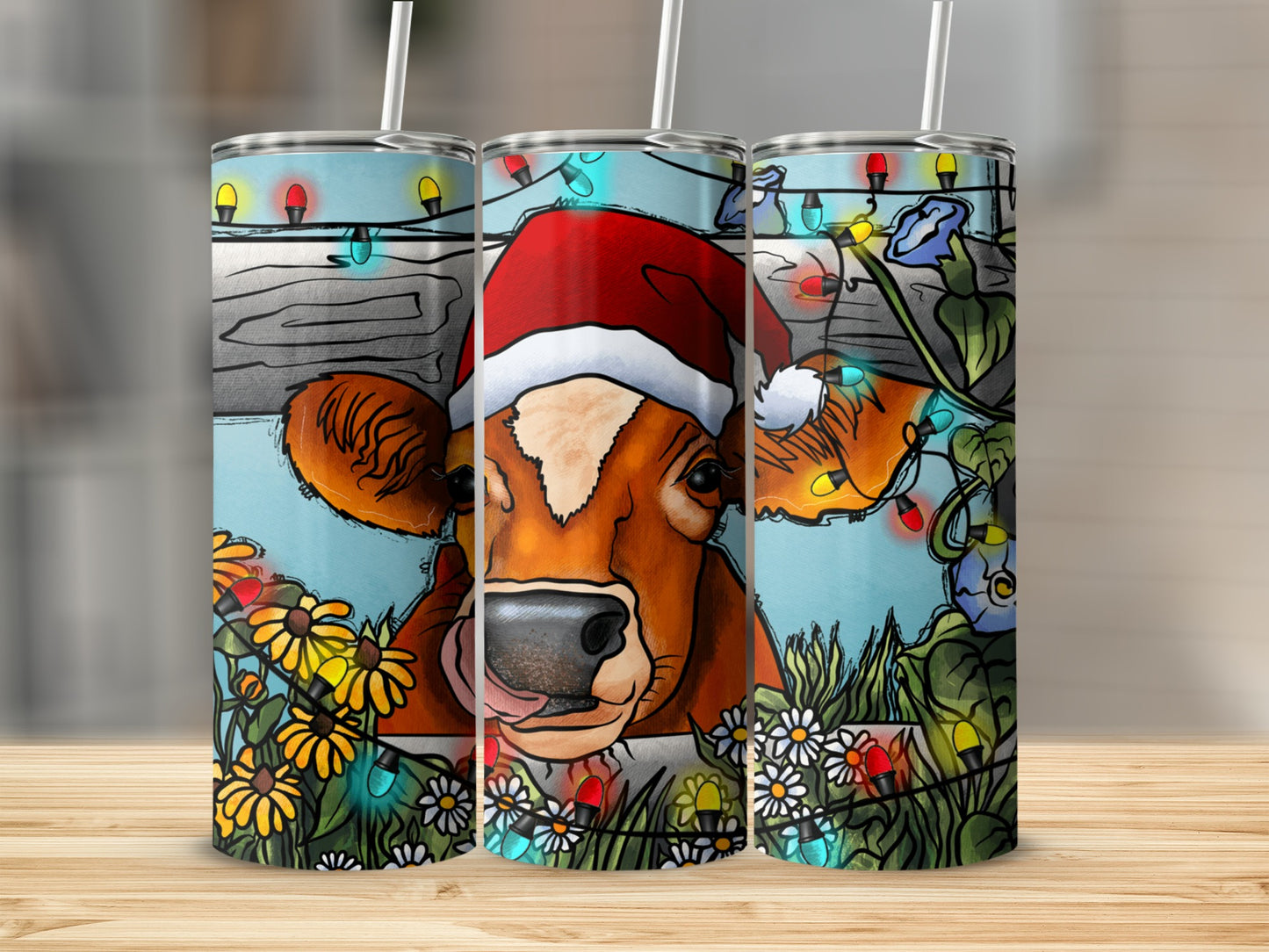 Christmas cow with Santa hat and string lights, surrounded by flowers.