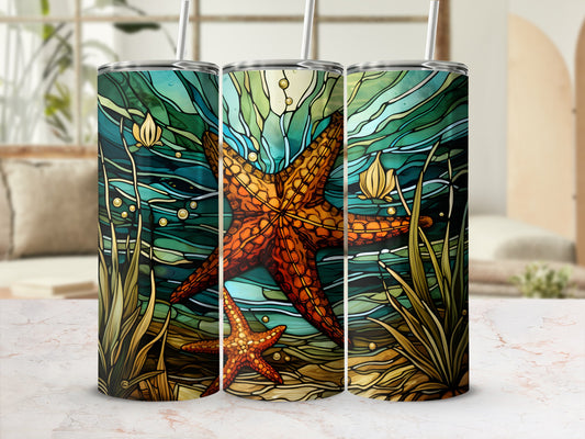 Three tumblers with a stained glass starfish and underwater scene.