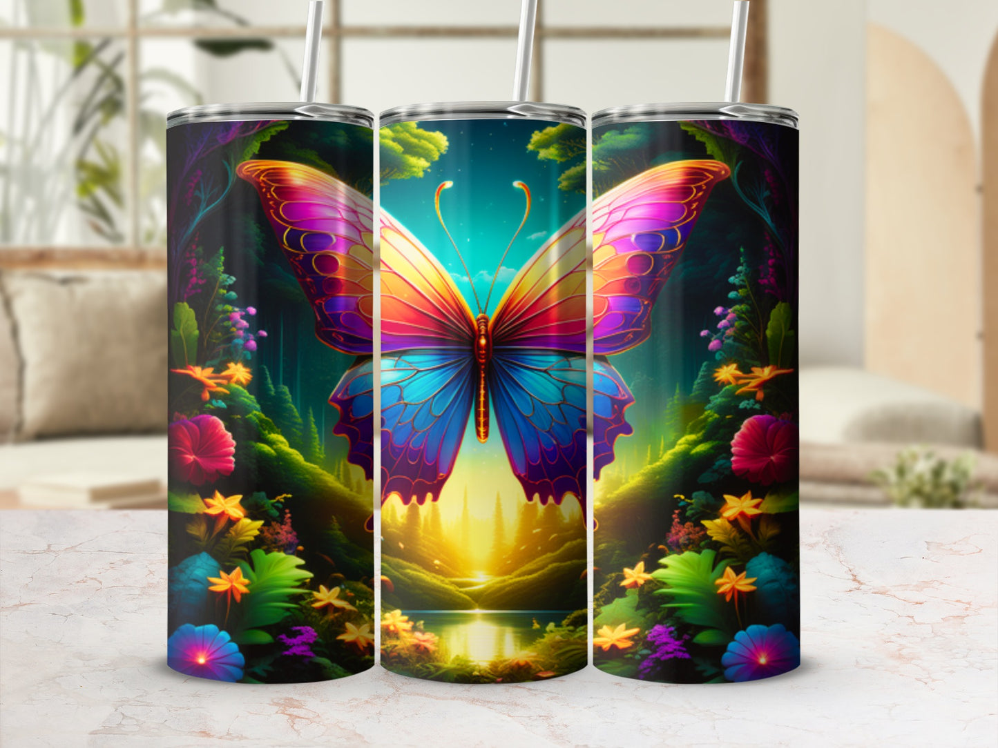 Triptych of tumblers featuring a colorful butterfly and vibrant, fantastical forest landscape.