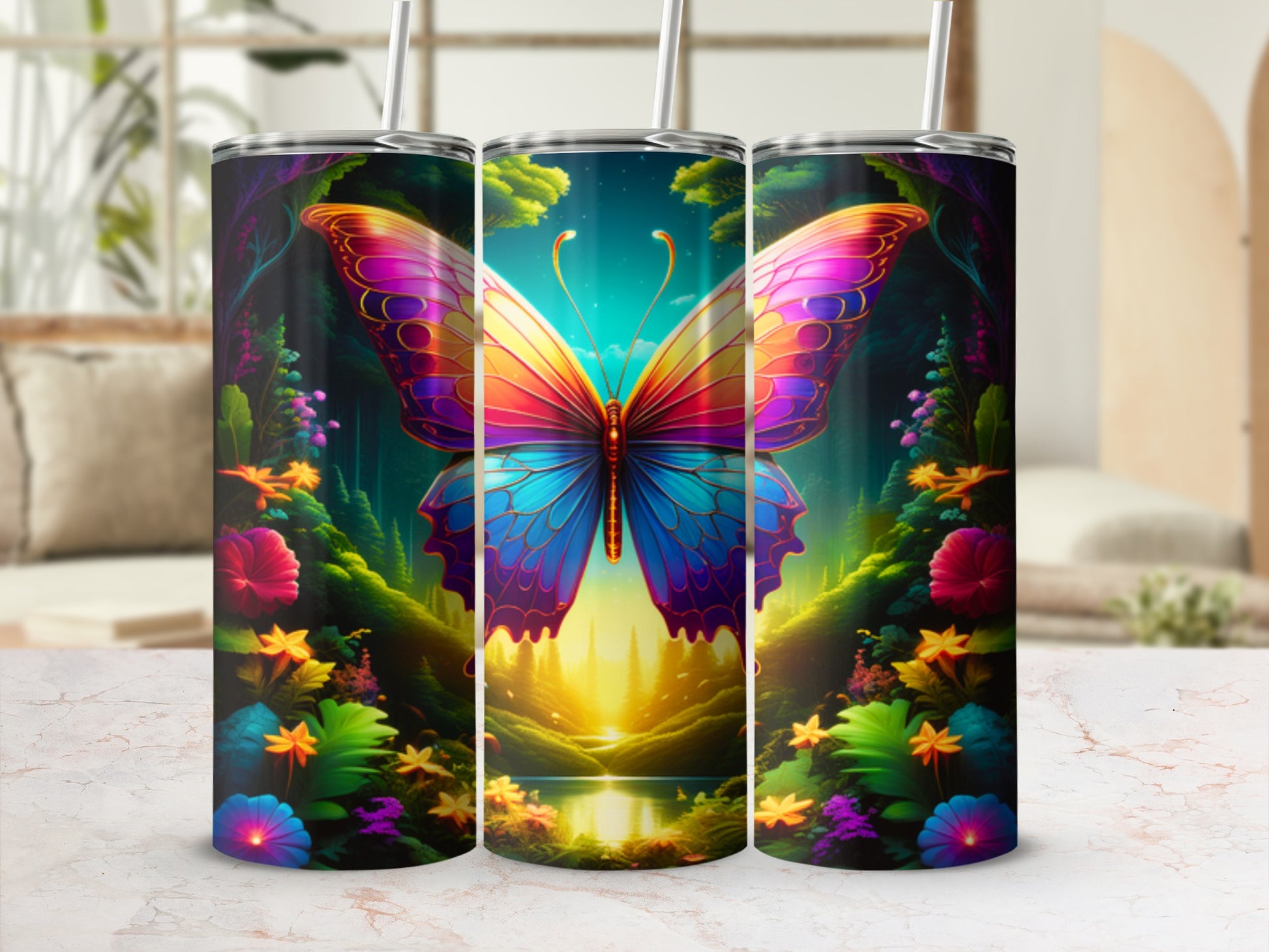 Triptych of tumblers featuring a colorful butterfly and vibrant, fantastical forest landscape.