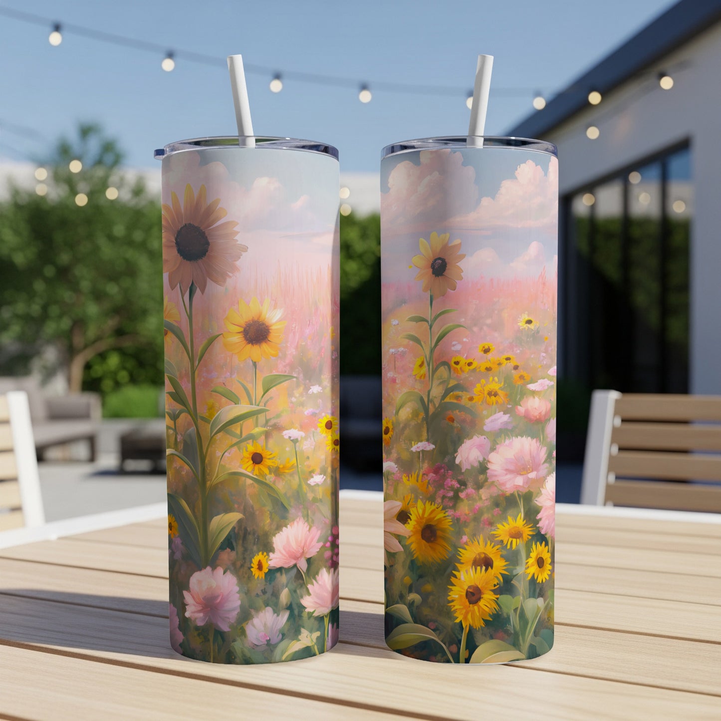 Two tall, floral-patterned tumblers with sunflowers and pink flowers.