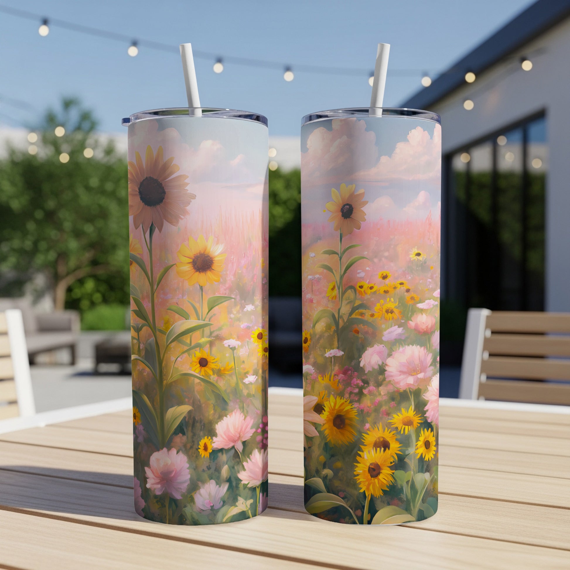 Two tall, floral-patterned tumblers with sunflowers and pink flowers.