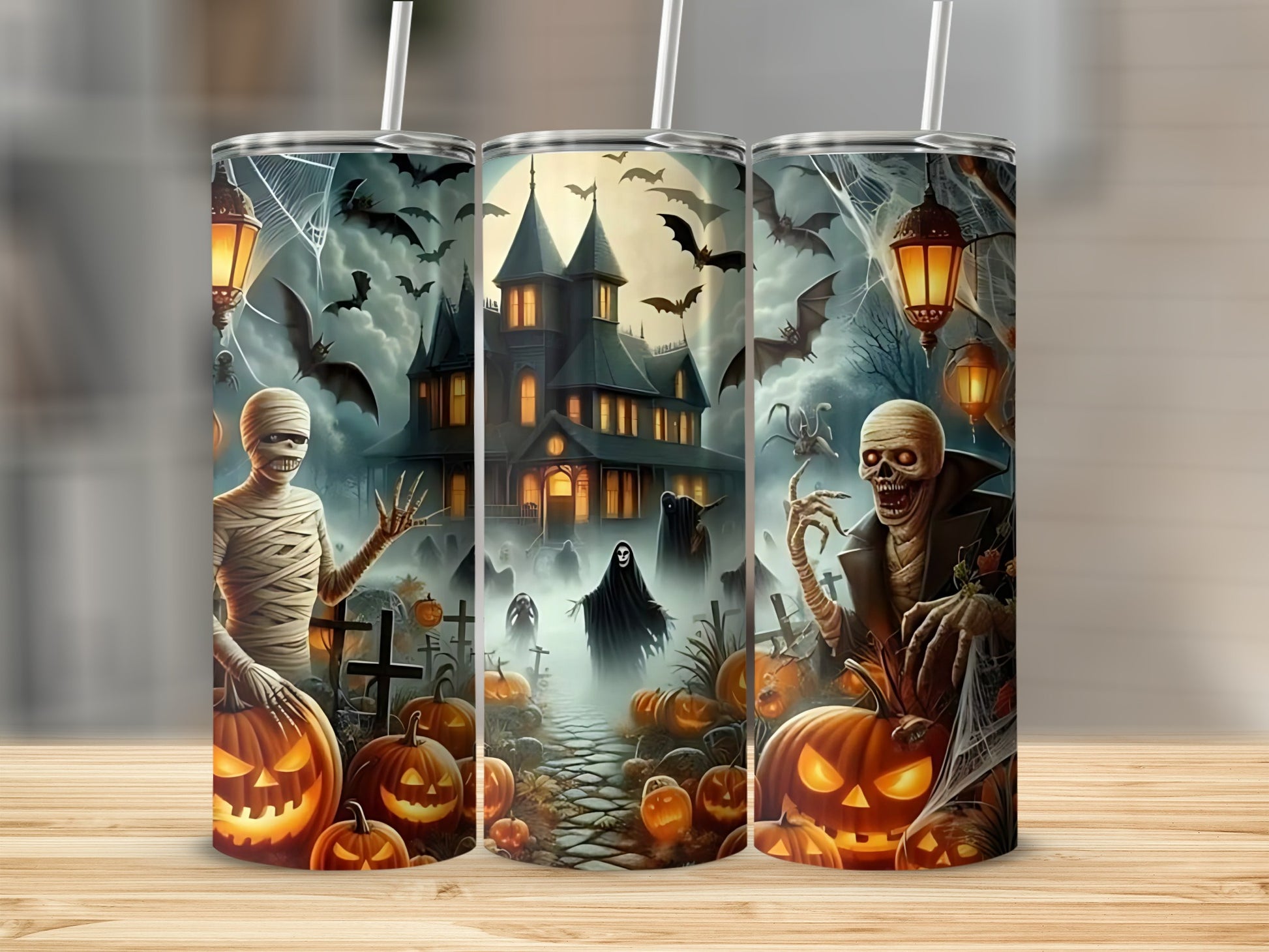 Halloween scene with mummy, skeleton, ghosts, pumpkins, bats, and haunted house.