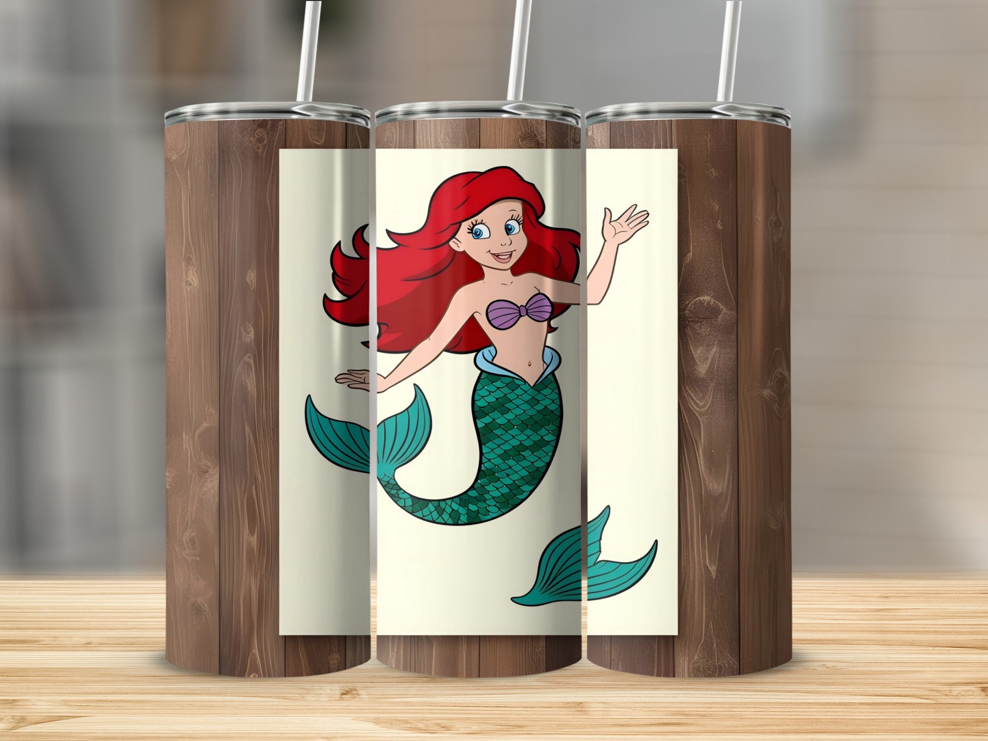 Cartoon mermaid with red hair and teal tail on a wood grain background.