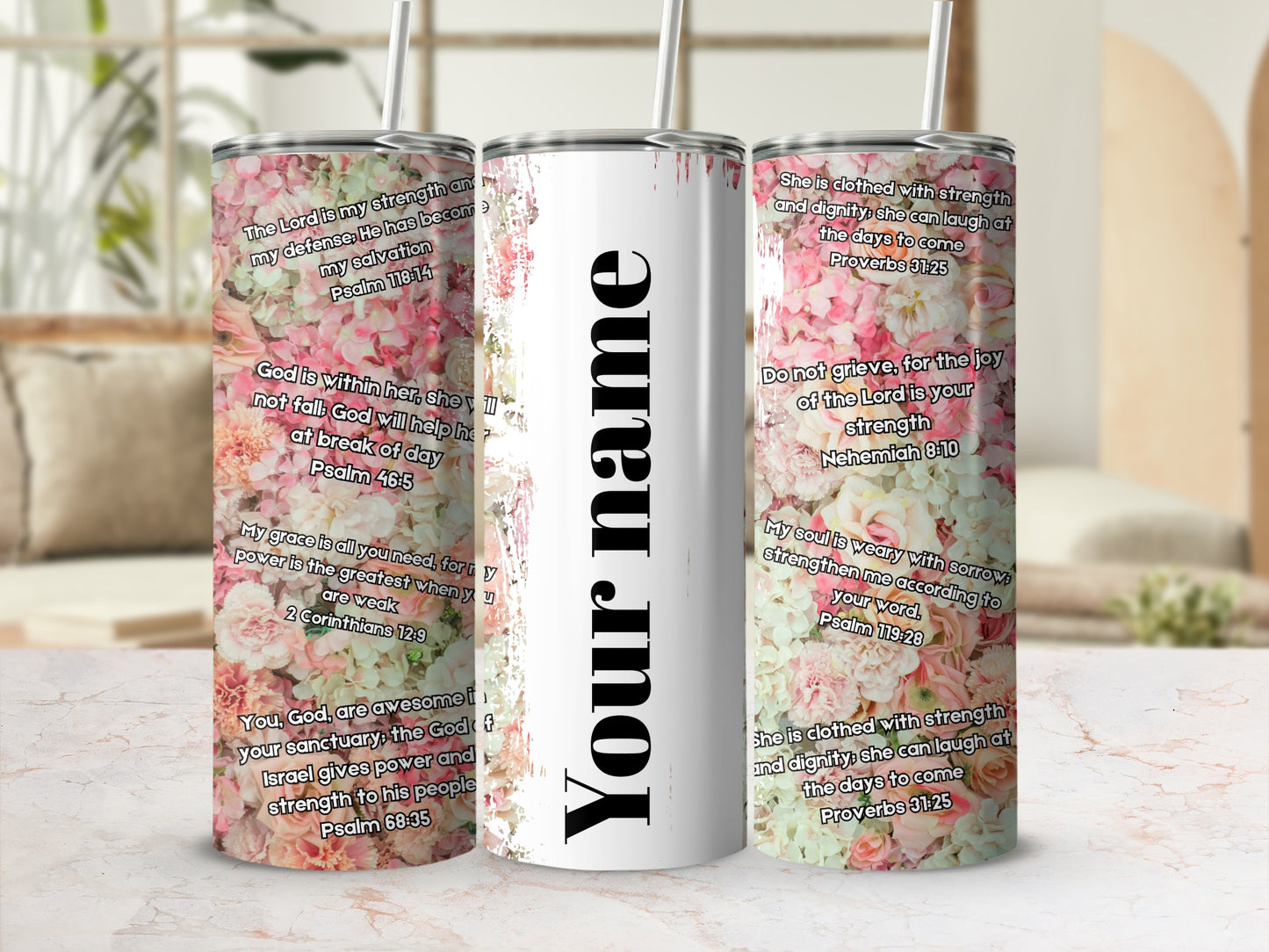 Personalized Floral Design Tumbler with Biblical Quotes