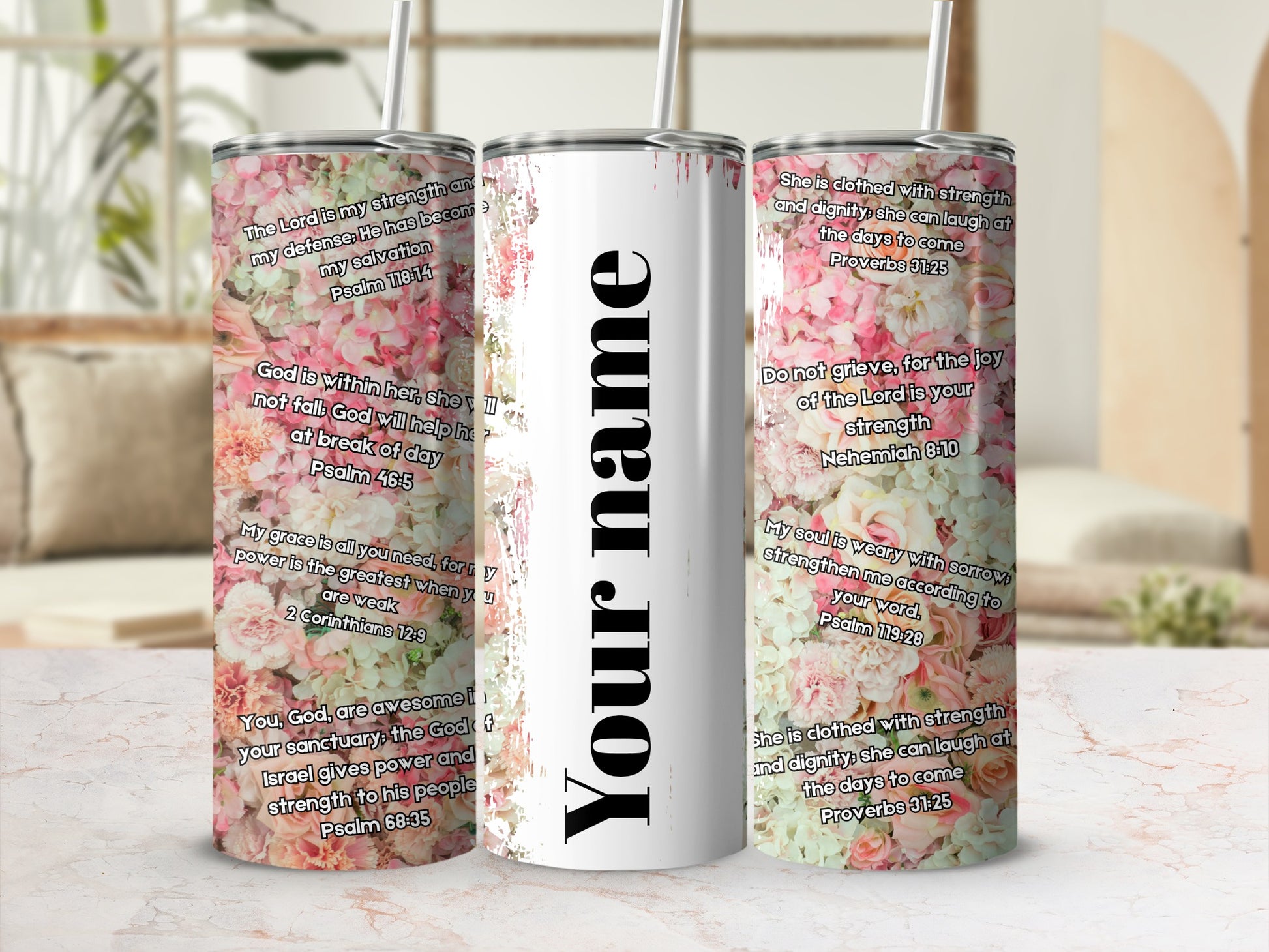 Personalized Floral Design Tumbler with Biblical Quotes