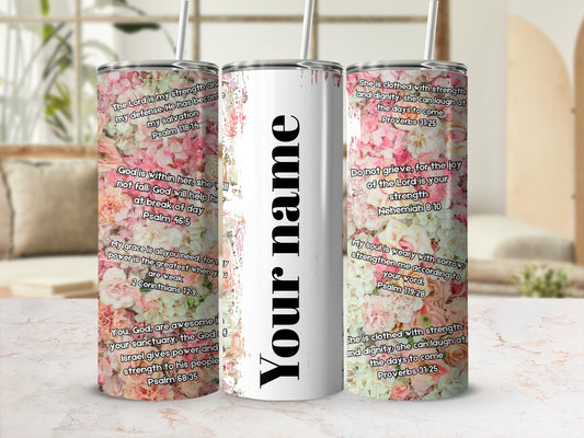 Personalized Floral Design Tumbler with Biblical Quotes