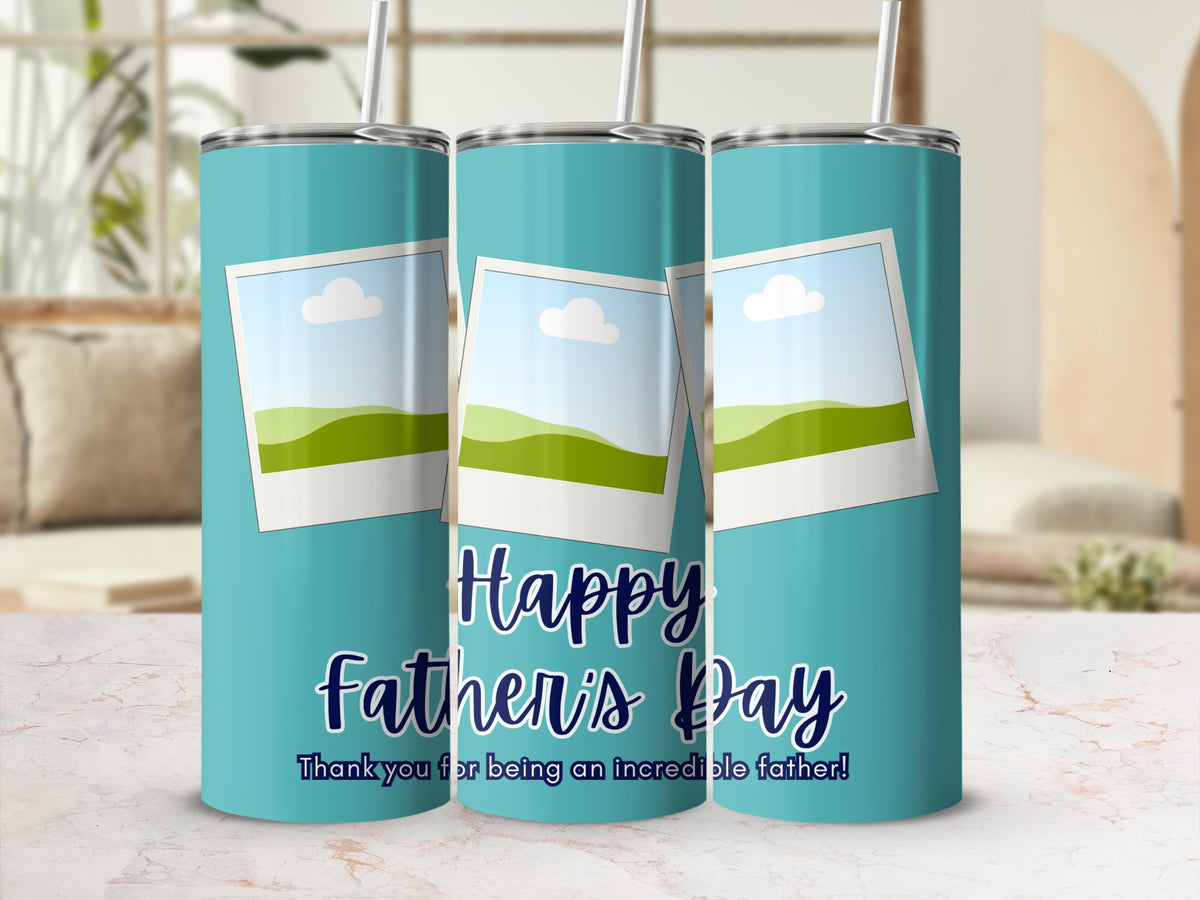 Three teal tumblers with a "Happy Father's Day" message and photo frames.