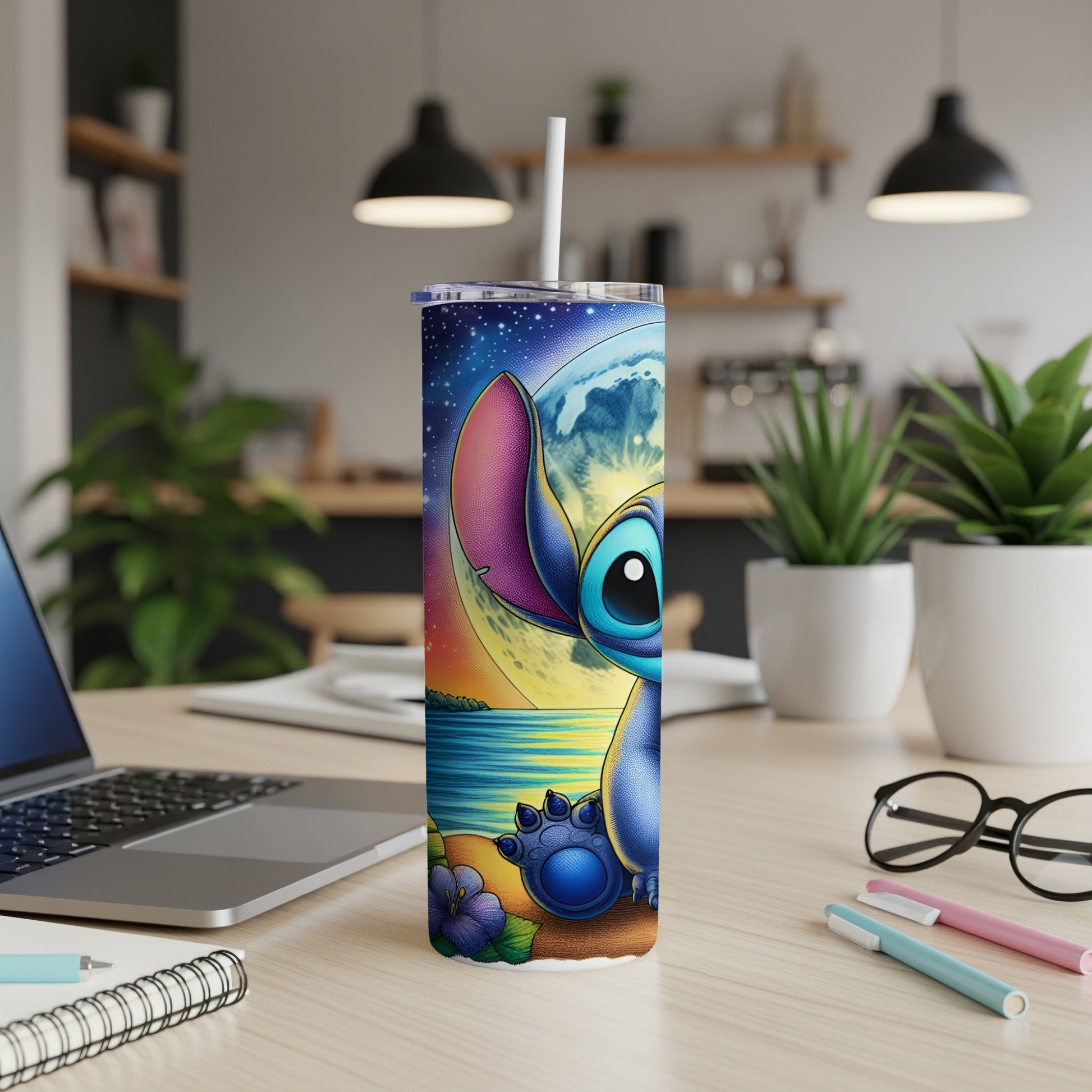 Stitch on a beach under a large moon, on a tumbler with a straw.