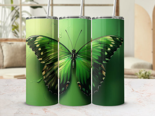 Three green tumblers with a large iridescent green butterfly design.