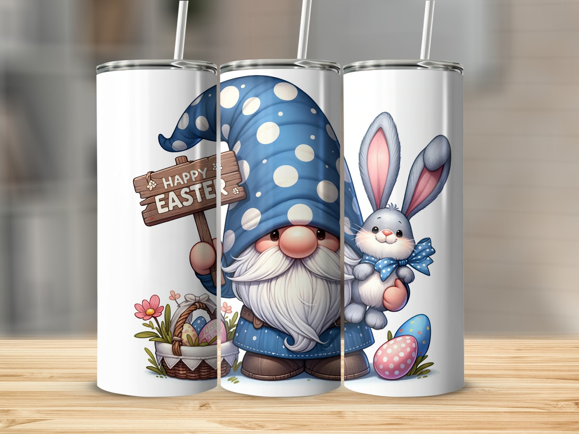 Gnome and bunny with Easter sign, basket, and eggs.
