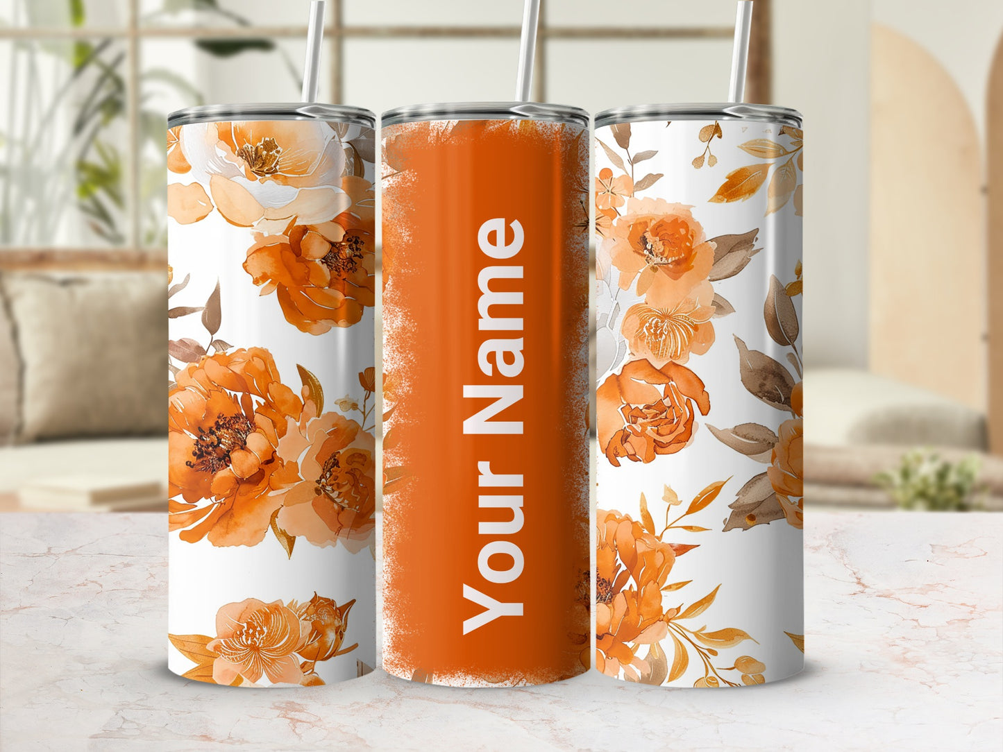 Personalized Orange Floral Design Tumbler with Your Name