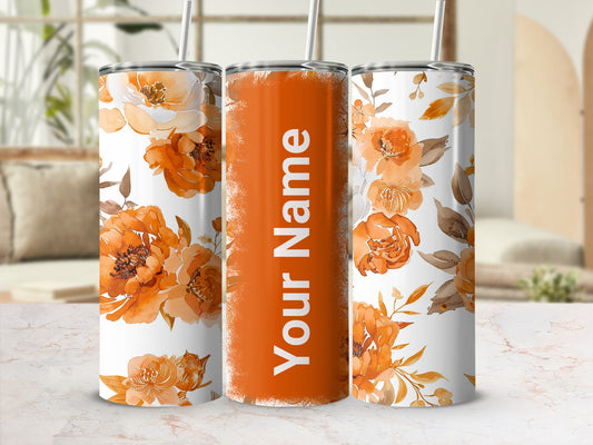 Personalized Orange Floral Design Tumbler with Your Name