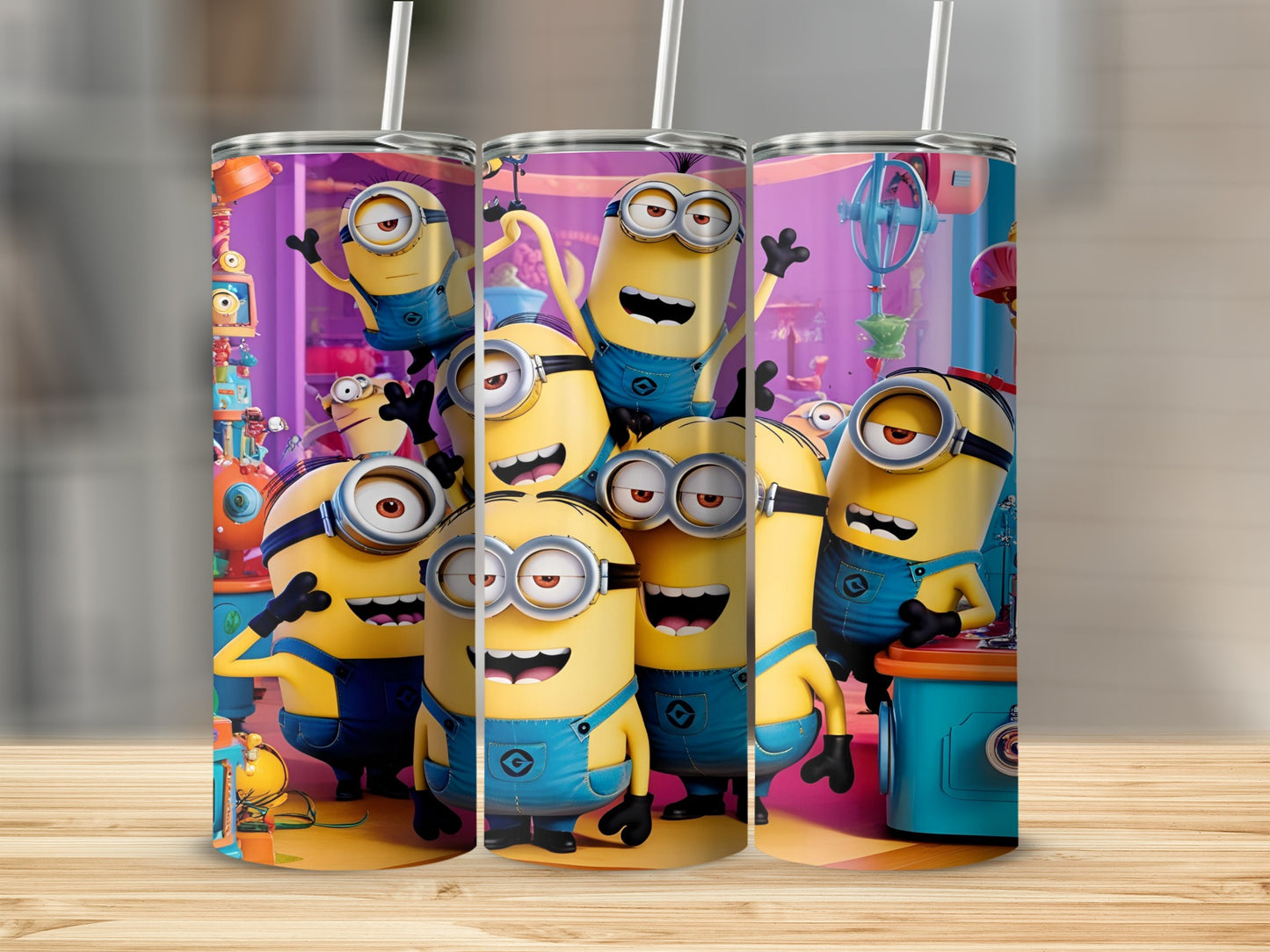 Minions in blue overalls holding straws, smiling on a tumbler.