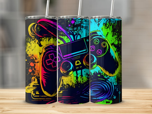 Three tumblers with colorful video game controller graphics and neon accents.