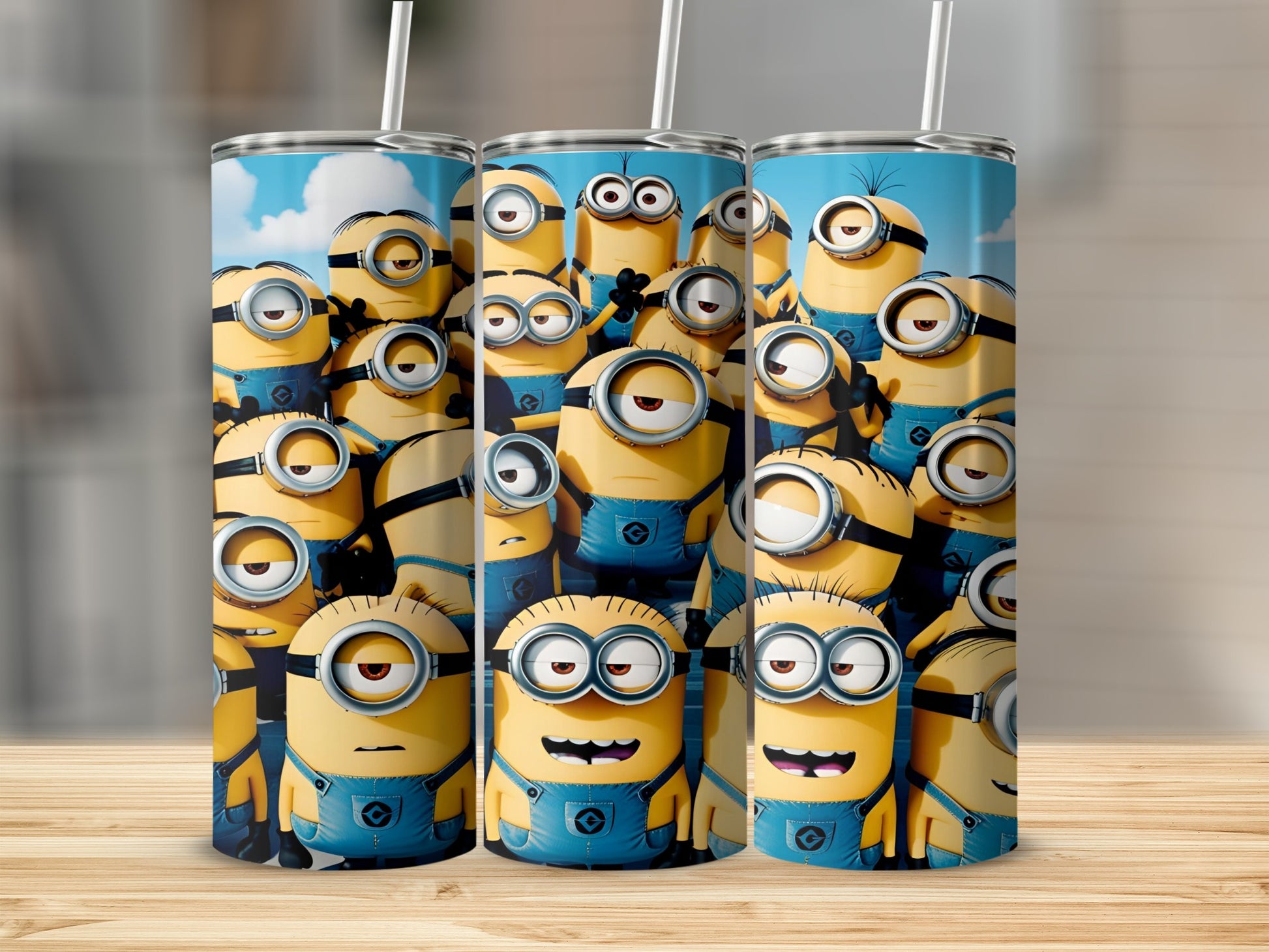 Group of Minions characters on a white insulated tumbler.