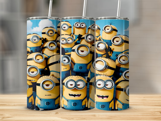Group of Minions characters on a white insulated tumbler.