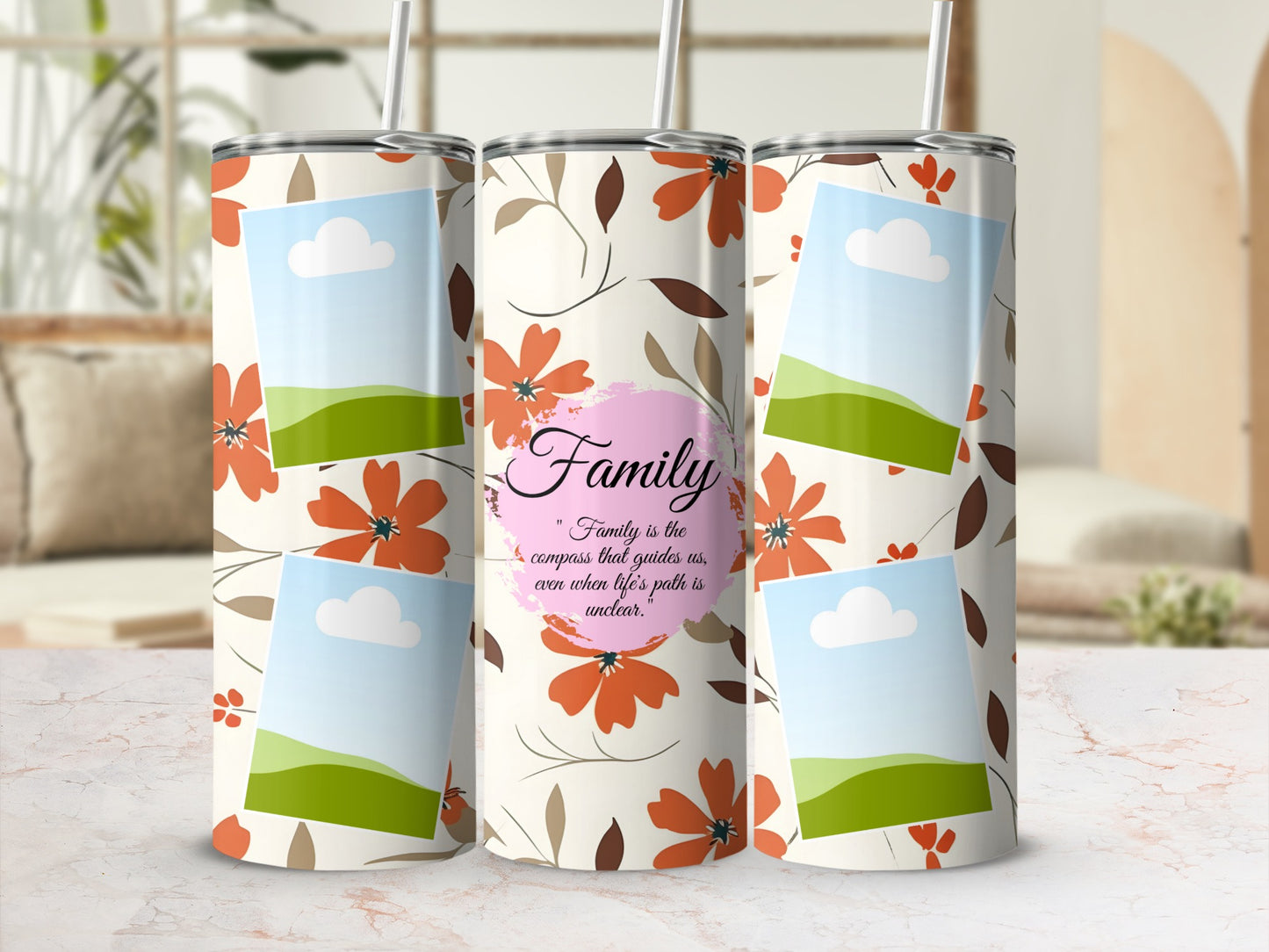 Floral tumbler with "Family is the compass" quote and photo placeholders.