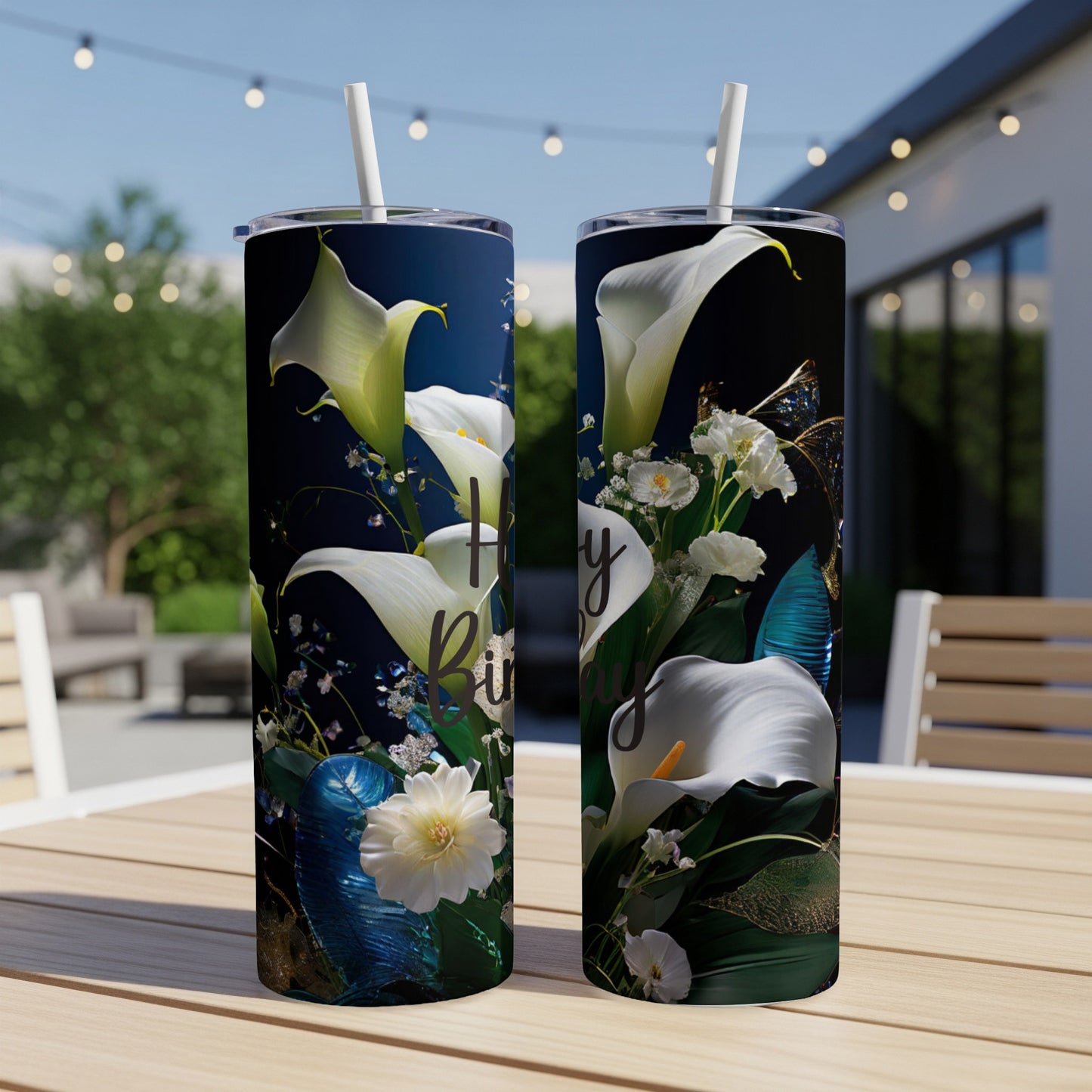 Two tumblers with a dark floral and "Happy Birthday" design.