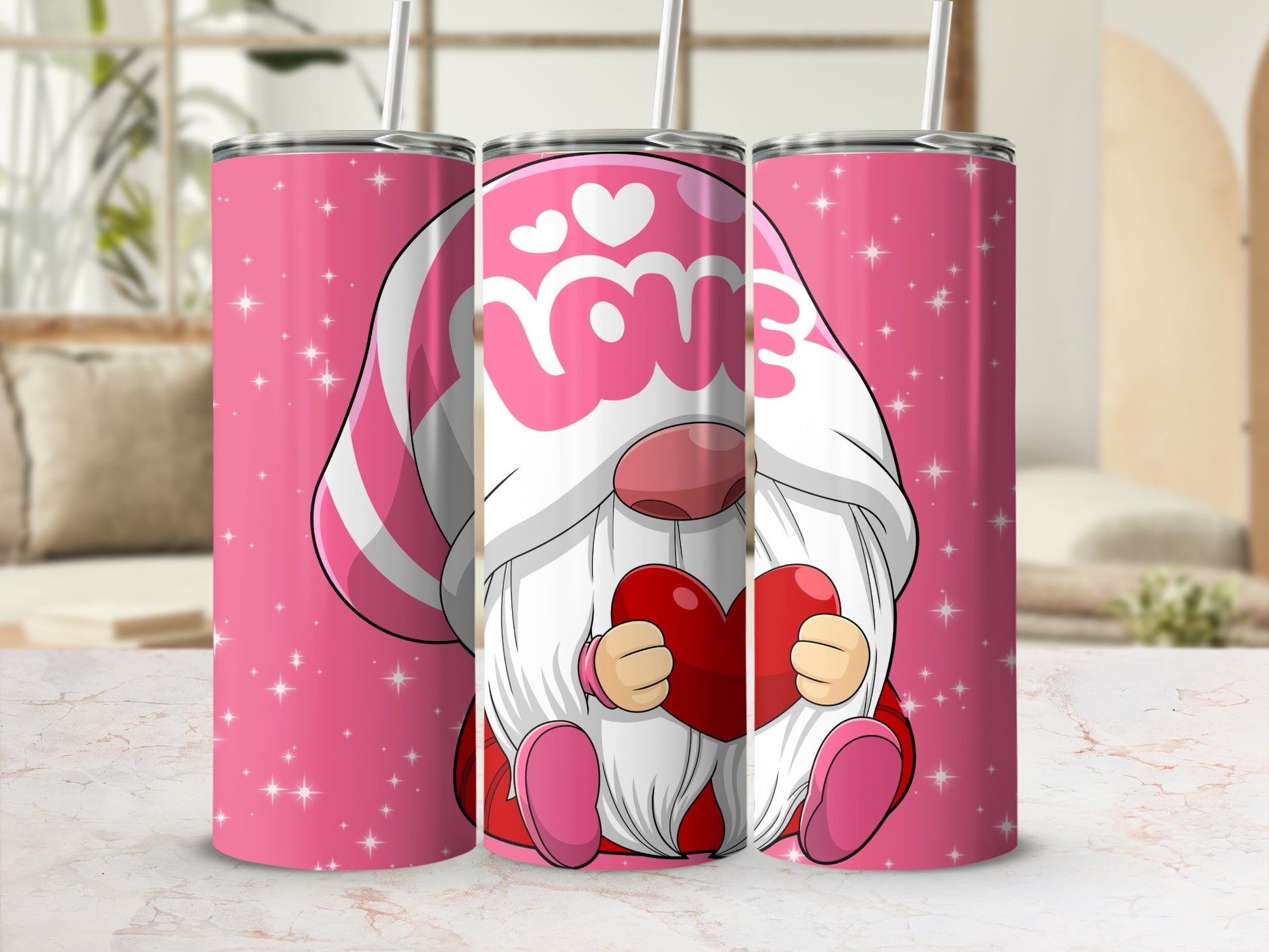 Cute Gnome Love Themed Pink Tumbler for Drinks
