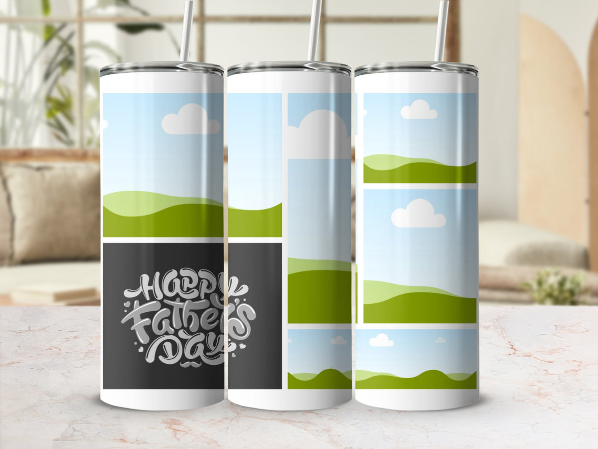 Three tumblers with "Happy Father's Day" and scenic landscape designs.