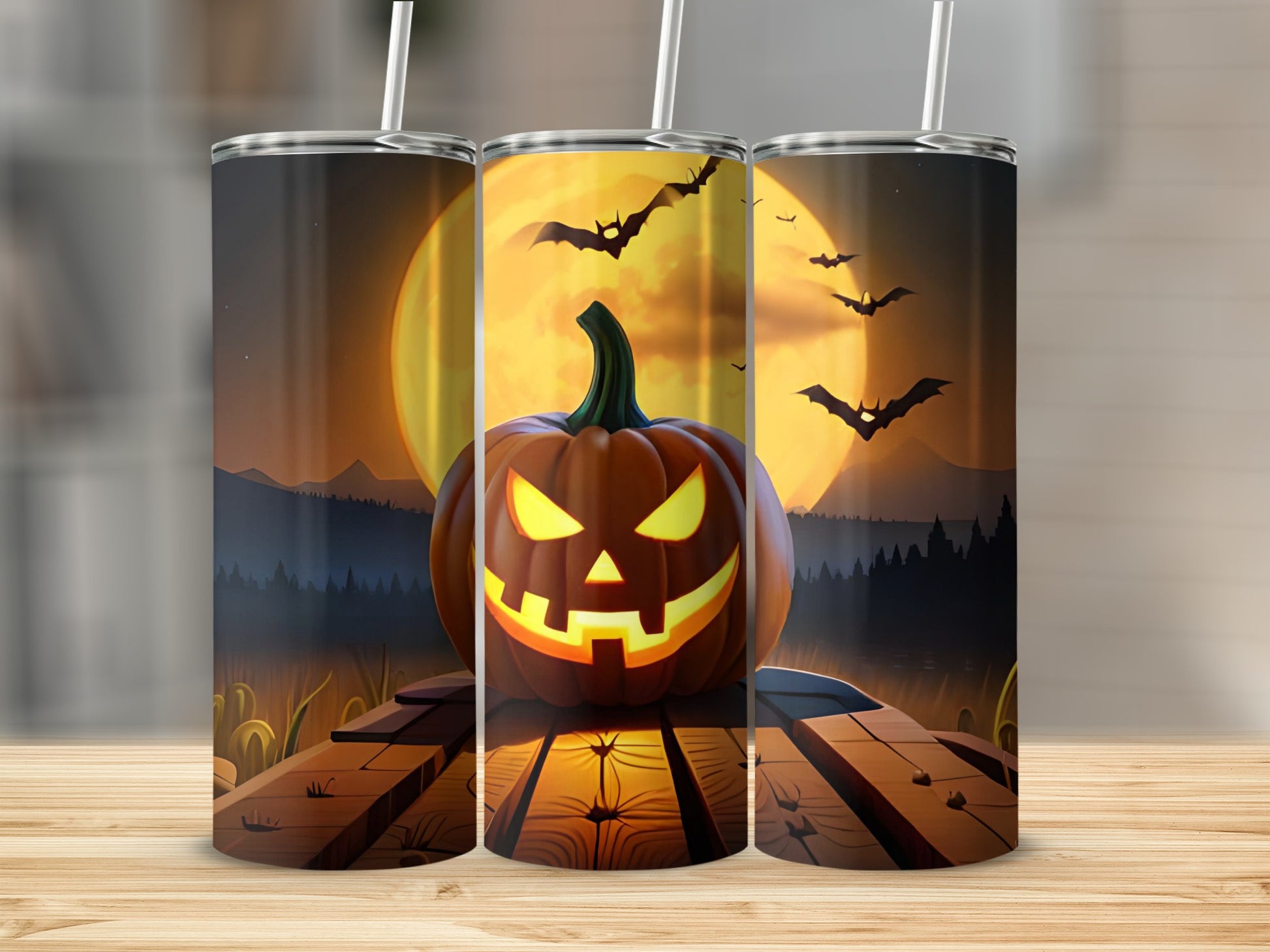 Halloween Pumpkin Design Tumbler Cup with Straw