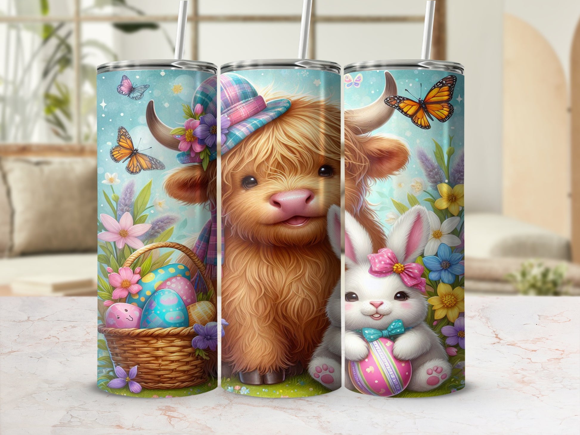 Highland cow with Easter bunny, basket of eggs, and butterflies.