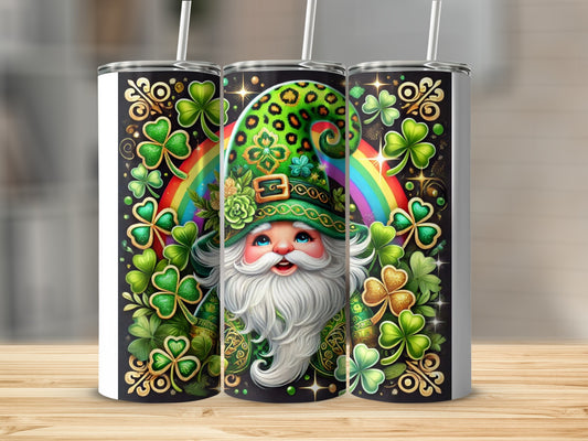 Leprechaun with rainbow and shamrocks on a glittery tumbler.