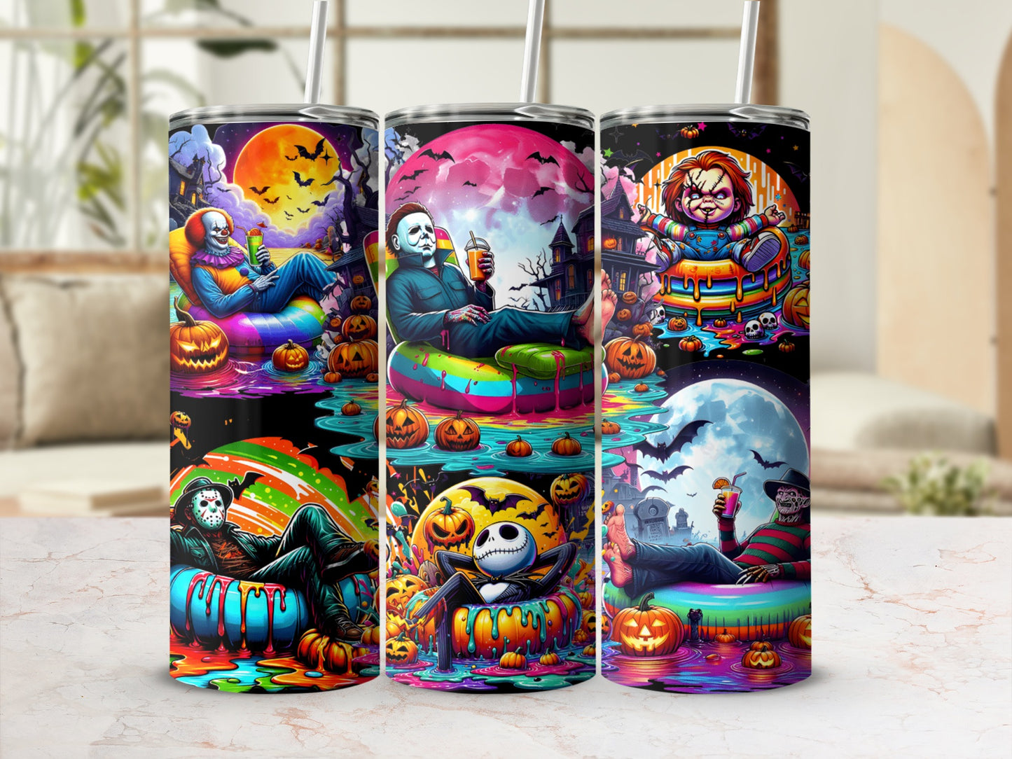Halloween characters on tumblers with pumpkins and spooky backgrounds.