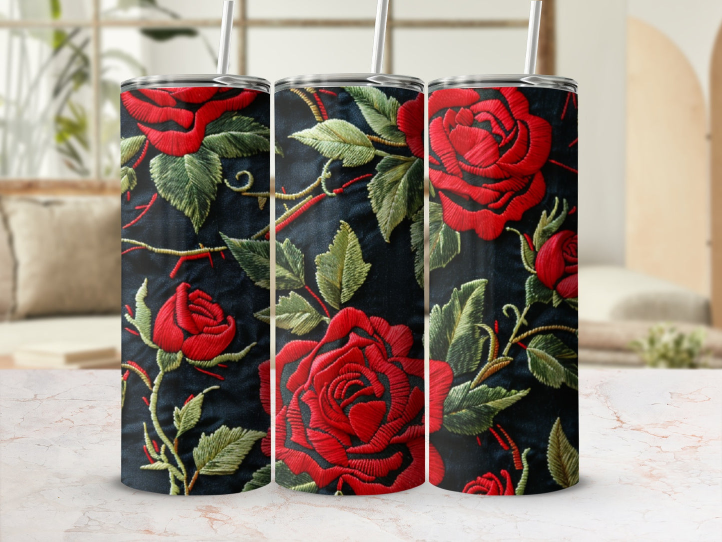 Tumbler with a dark background and red rose floral pattern.