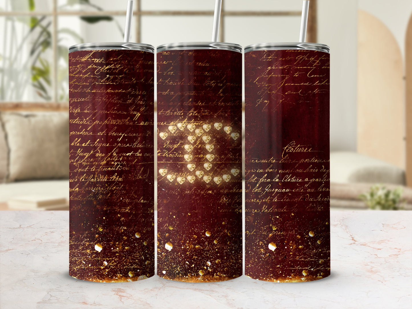 Vintage Script and Hearts Design Insulated Tumbler